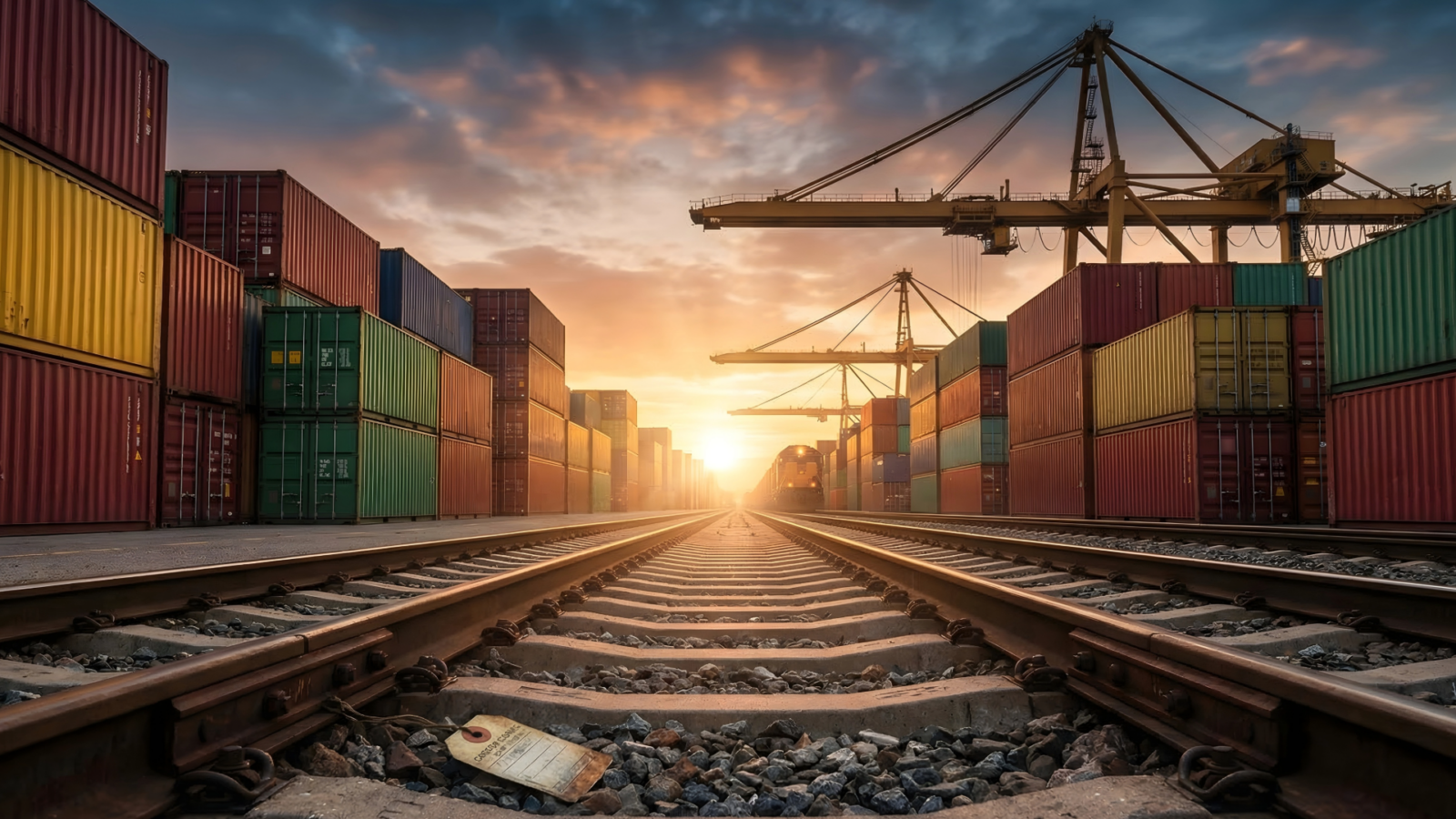 Image of storage containers and a crane at a dock with railway and train coming through the centre of the picture